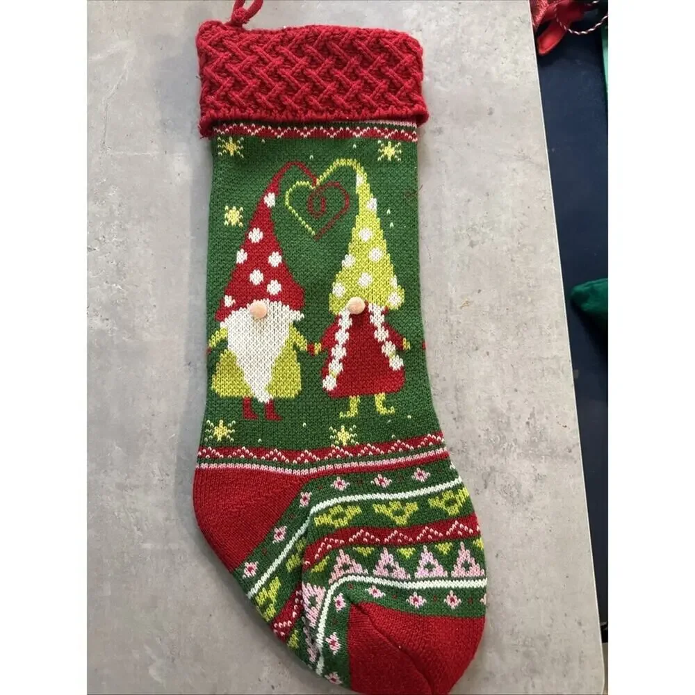 New W/out Tag World Market Knit Gnome Christmas Stocking Red & Green Hygge Pom J